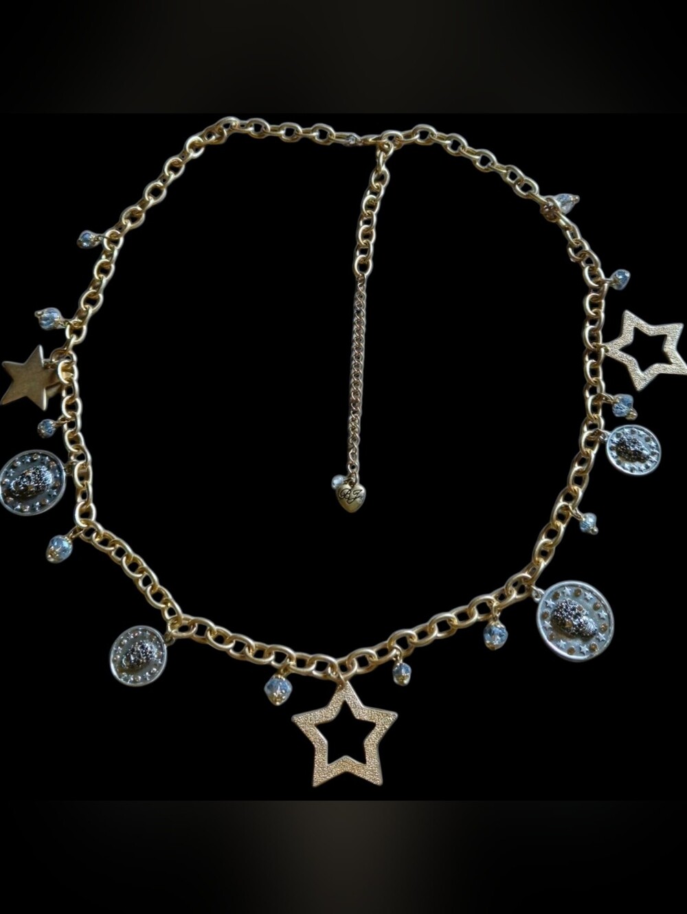 💀⭐Skulls on Discs Betsey Gold-tone Stars Blue Crystal Charm Necklace